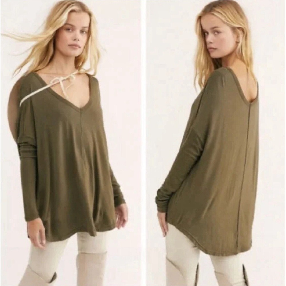 Free People Green Moonshine Long Sleeve Oversized Tunic Boho Top Ribbed Sleeve S